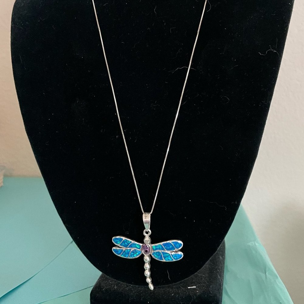 Women's Sterling Silver Necklace with Sterling Silver and Blue Dragonfly